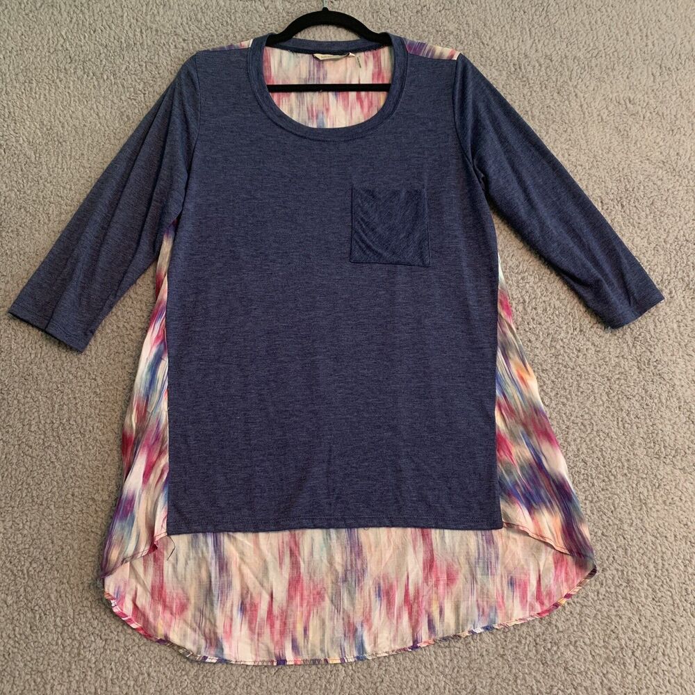 Soft Surroundings Small Blue Hi Low Pocket Tee Tunic with Watercolor Back Panel